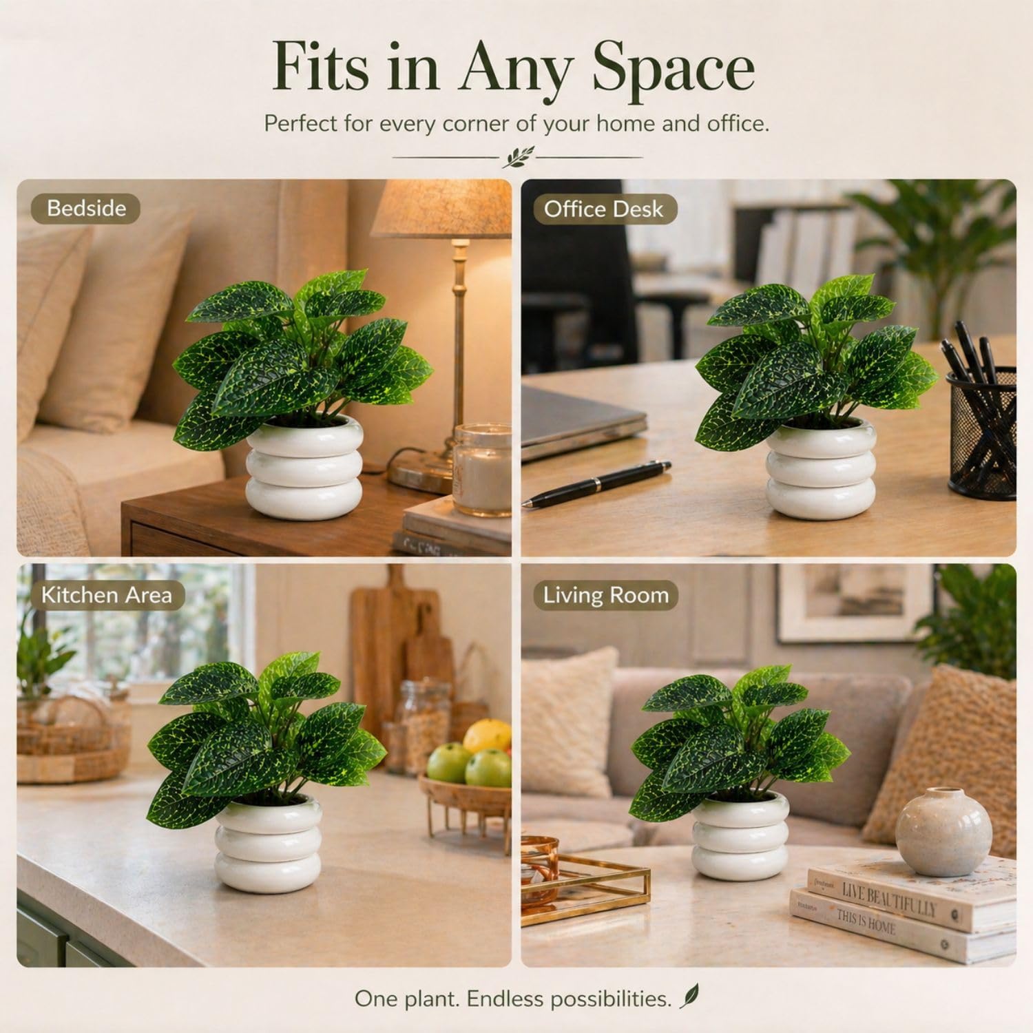Mini Artificial Plant in White Zen Ceramic Pot for Decor