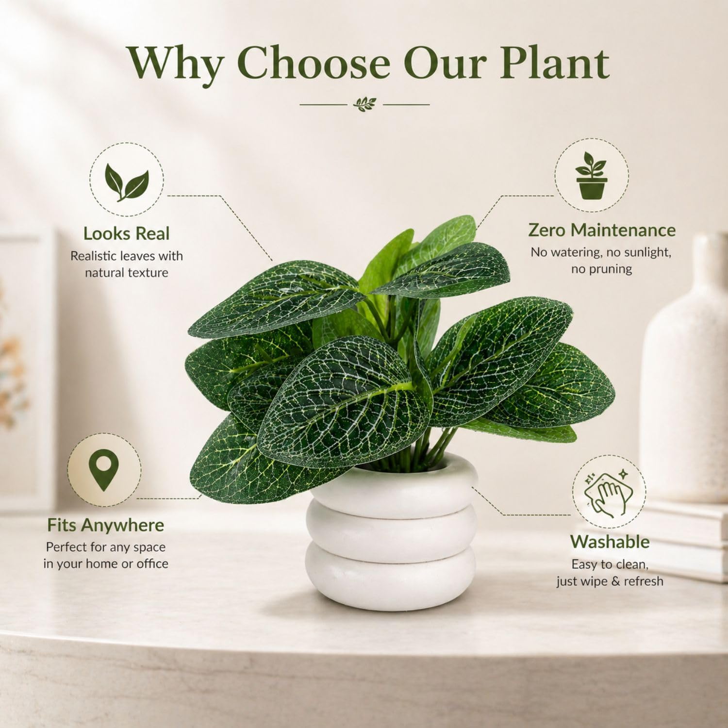 Mini Artificial Plant in White Zen Ceramic Pot for Decor